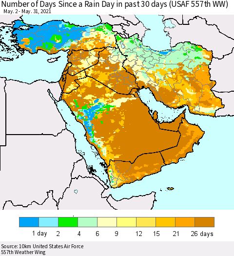 Middle East and Turkey Number of Days Since a Rain Day in past 30 days (USAF 557th WW) Thematic Map For 5/26/2021 - 5/31/2021