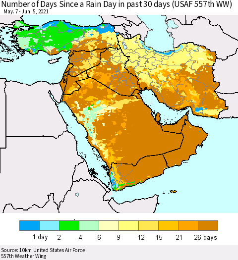 Middle East and Turkey Number of Days Since a Rain Day in past 30 days (USAF 557th WW) Thematic Map For 6/1/2021 - 6/5/2021