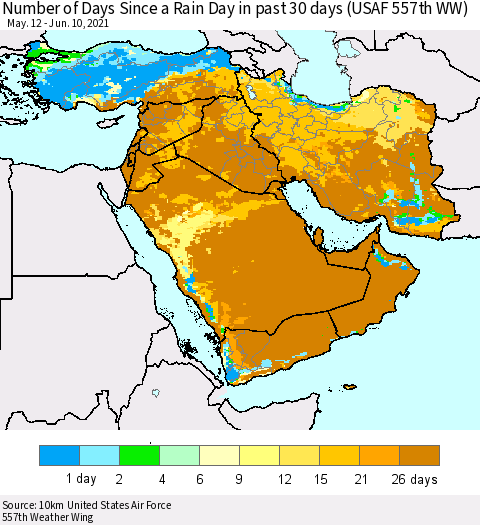 Middle East and Turkey Number of Days Since a Rain Day in past 30 days (USAF 557th WW) Thematic Map For 6/6/2021 - 6/10/2021
