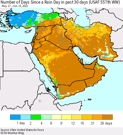 Middle East and Turkey Number of Days Since a Rain Day in past 30 days (USAF 557th WW) Thematic Map For 6/11/2021 - 6/15/2021