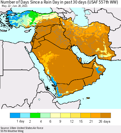 Middle East and Turkey Number of Days Since a Rain Day in past 30 days (USAF 557th WW) Thematic Map For 6/16/2021 - 6/20/2021
