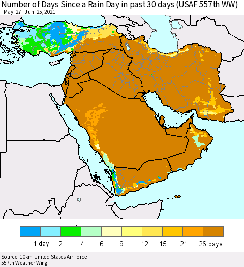 Middle East and Turkey Number of Days Since a Rain Day in past 30 days (USAF 557th WW) Thematic Map For 6/21/2021 - 6/25/2021