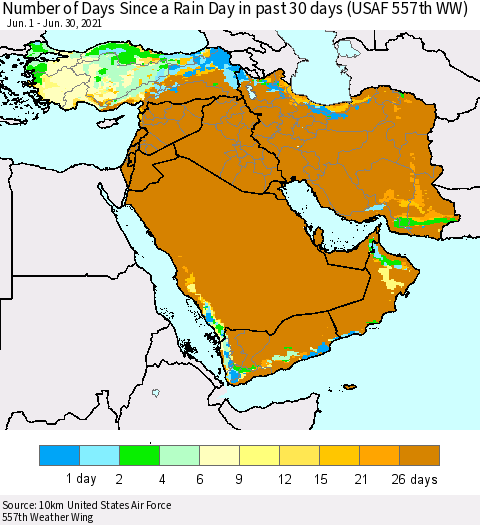 Middle East and Turkey Number of Days Since a Rain Day in past 30 days (USAF 557th WW) Thematic Map For 6/26/2021 - 6/30/2021