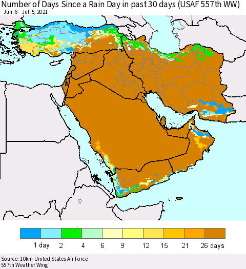Middle East and Turkey Number of Days Since a Rain Day in past 30 days (USAF 557th WW) Thematic Map For 7/1/2021 - 7/5/2021