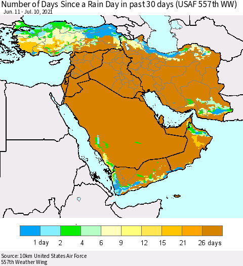 Middle East and Turkey Number of Days Since a Rain Day in past 30 days (USAF 557th WW) Thematic Map For 7/6/2021 - 7/10/2021