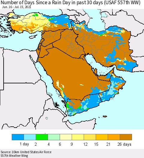 Middle East and Turkey Number of Days Since a Rain Day in past 30 days (USAF 557th WW) Thematic Map For 7/11/2021 - 7/15/2021
