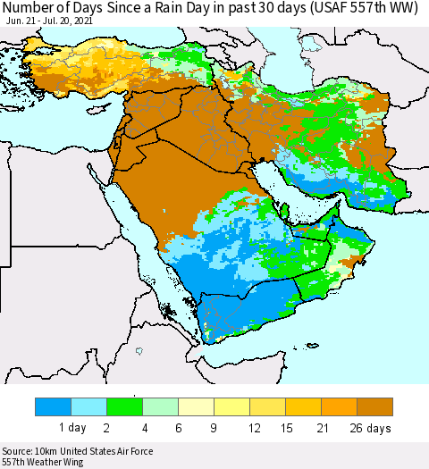 Middle East and Turkey Number of Days Since a Rain Day in past 30 days (USAF 557th WW) Thematic Map For 7/16/2021 - 7/20/2021