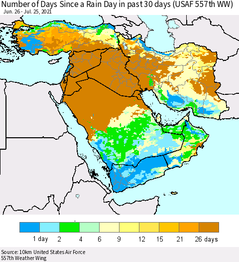 Middle East and Turkey Number of Days Since a Rain Day in past 30 days (USAF 557th WW) Thematic Map For 7/21/2021 - 7/25/2021