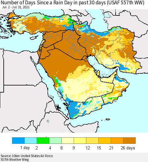 Middle East and Turkey Number of Days Since a Rain Day in past 30 days (USAF 557th WW) Thematic Map For 7/26/2021 - 7/31/2021
