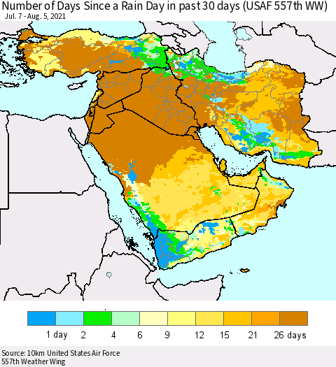 Middle East and Turkey Number of Days Since a Rain Day in past 30 days (USAF 557th WW) Thematic Map For 8/1/2021 - 8/5/2021