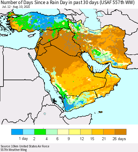 Middle East and Turkey Number of Days Since a Rain Day in past 30 days (USAF 557th WW) Thematic Map For 8/6/2021 - 8/10/2021