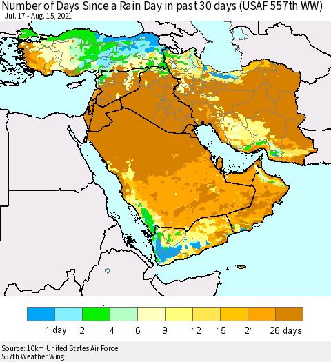 Middle East and Turkey Number of Days Since a Rain Day in past 30 days (USAF 557th WW) Thematic Map For 8/11/2021 - 8/15/2021