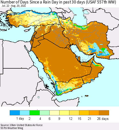 Middle East and Turkey Number of Days Since a Rain Day in past 30 days (USAF 557th WW) Thematic Map For 8/16/2021 - 8/20/2021