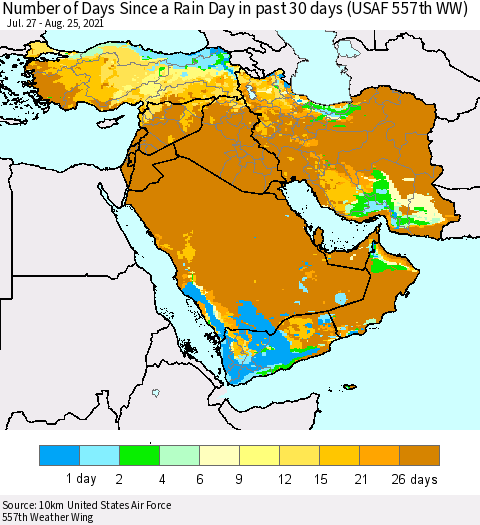 Middle East and Turkey Number of Days Since a Rain Day in past 30 days (USAF 557th WW) Thematic Map For 8/21/2021 - 8/25/2021