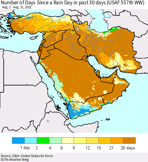 Middle East and Turkey Number of Days Since a Rain Day in past 30 days (USAF 557th WW) Thematic Map For 8/26/2021 - 8/31/2021