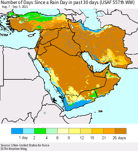 Middle East and Turkey Number of Days Since a Rain Day in past 30 days (USAF 557th WW) Thematic Map For 9/1/2021 - 9/5/2021