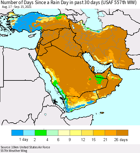 Middle East and Turkey Number of Days Since a Rain Day in past 30 days (USAF 557th WW) Thematic Map For 9/11/2021 - 9/15/2021