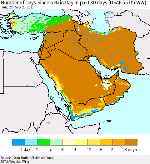 Middle East and Turkey Number of Days Since a Rain Day in past 30 days (USAF 557th WW) Thematic Map For 9/16/2021 - 9/20/2021