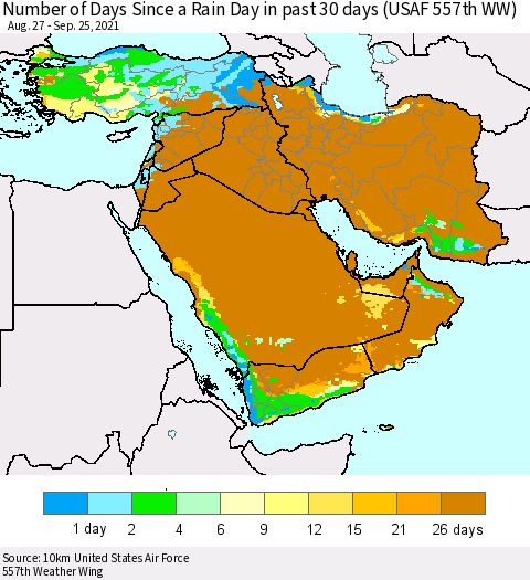 Middle East and Turkey Number of Days Since a Rain Day in past 30 days (USAF 557th WW) Thematic Map For 9/21/2021 - 9/25/2021