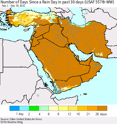 Middle East and Turkey Number of Days Since a Rain Day in past 30 days (USAF 557th WW) Thematic Map For 9/26/2021 - 9/30/2021
