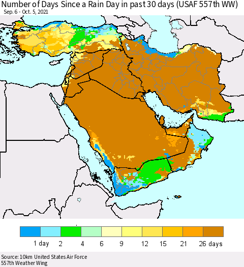 Middle East and Turkey Number of Days Since a Rain Day in past 30 days (USAF 557th WW) Thematic Map For 10/1/2021 - 10/5/2021