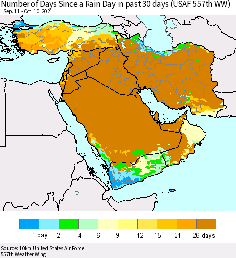 Middle East and Turkey Number of Days Since a Rain Day in past 30 days (USAF 557th WW) Thematic Map For 10/6/2021 - 10/10/2021
