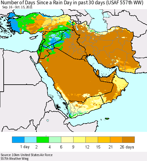 Middle East and Turkey Number of Days Since a Rain Day in past 30 days (USAF 557th WW) Thematic Map For 10/11/2021 - 10/15/2021