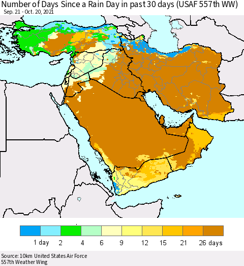 Middle East and Turkey Number of Days Since a Rain Day in past 30 days (USAF 557th WW) Thematic Map For 10/16/2021 - 10/20/2021