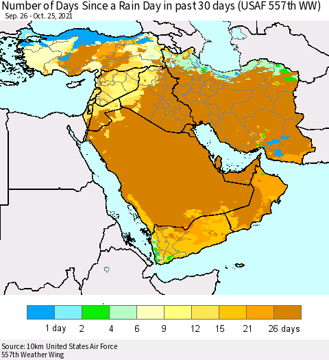 Middle East and Turkey Number of Days Since a Rain Day in past 30 days (USAF 557th WW) Thematic Map For 10/21/2021 - 10/25/2021