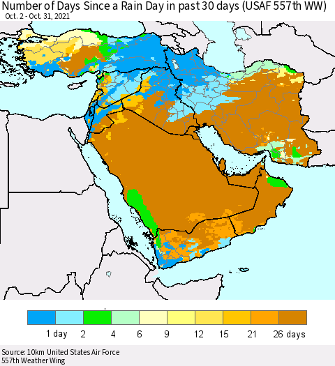 Middle East and Turkey Number of Days Since a Rain Day in past 30 days (USAF 557th WW) Thematic Map For 10/26/2021 - 10/31/2021