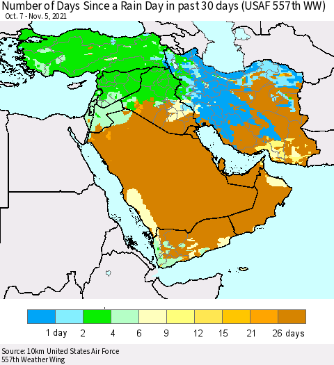 Middle East and Turkey Number of Days Since a Rain Day in past 30 days (USAF 557th WW) Thematic Map For 11/1/2021 - 11/5/2021