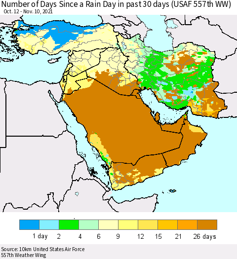 Middle East and Turkey Number of Days Since a Rain Day in past 30 days (USAF 557th WW) Thematic Map For 11/6/2021 - 11/10/2021