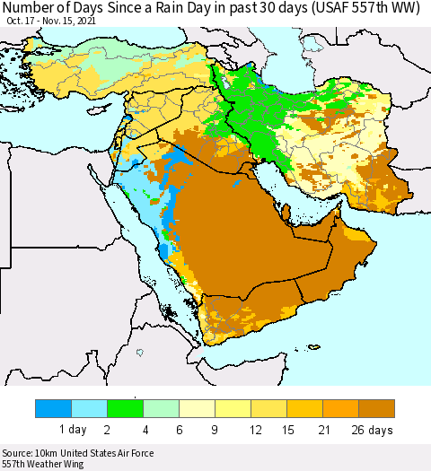 Middle East and Turkey Number of Days Since a Rain Day in past 30 days (USAF 557th WW) Thematic Map For 11/11/2021 - 11/15/2021