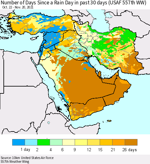 Middle East and Turkey Number of Days Since a Rain Day in past 30 days (USAF 557th WW) Thematic Map For 11/16/2021 - 11/20/2021
