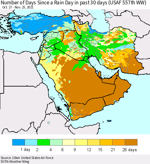 Middle East and Turkey Number of Days Since a Rain Day in past 30 days (USAF 557th WW) Thematic Map For 11/21/2021 - 11/25/2021