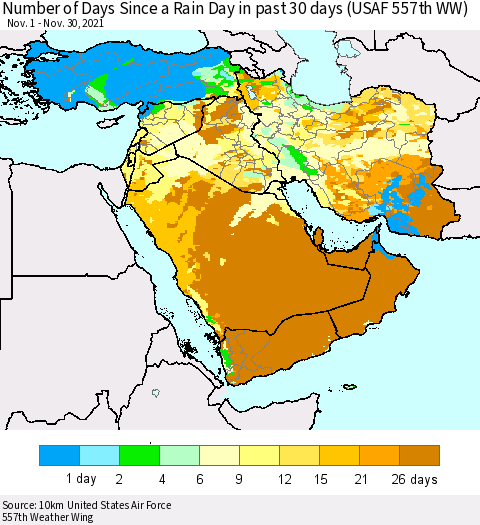 Middle East and Turkey Number of Days Since a Rain Day in past 30 days (USAF 557th WW) Thematic Map For 11/26/2021 - 11/30/2021