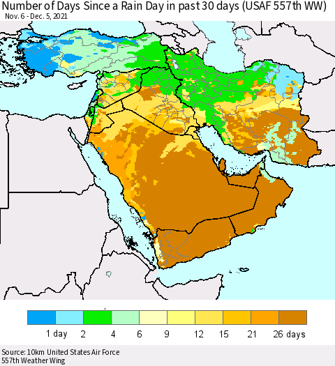 Middle East and Turkey Number of Days Since a Rain Day in past 30 days (USAF 557th WW) Thematic Map For 12/1/2021 - 12/5/2021