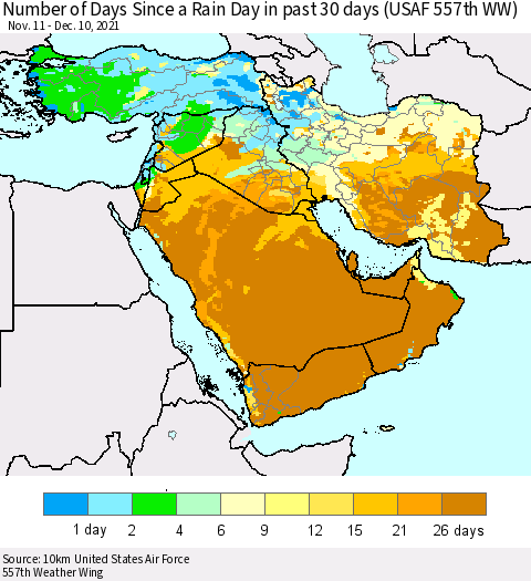 Middle East and Turkey Number of Days Since a Rain Day in past 30 days (USAF 557th WW) Thematic Map For 12/6/2021 - 12/10/2021