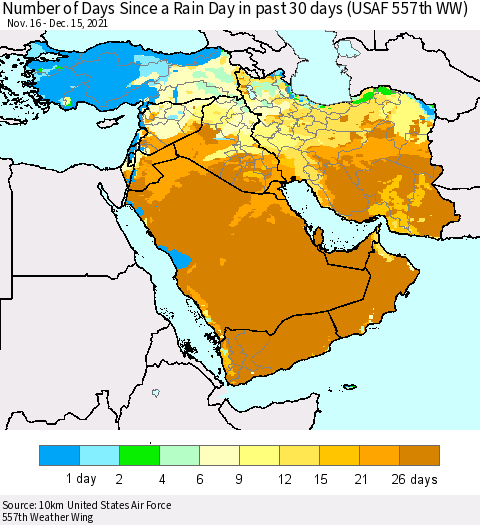 Middle East and Turkey Number of Days Since a Rain Day in past 30 days (USAF 557th WW) Thematic Map For 12/11/2021 - 12/15/2021