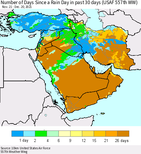 Middle East and Turkey Number of Days Since a Rain Day in past 30 days (USAF 557th WW) Thematic Map For 12/16/2021 - 12/20/2021