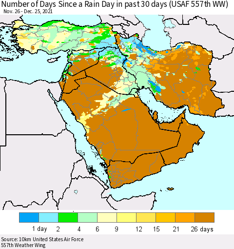 Middle East and Turkey Number of Days Since a Rain Day in past 30 days (USAF 557th WW) Thematic Map For 12/21/2021 - 12/25/2021