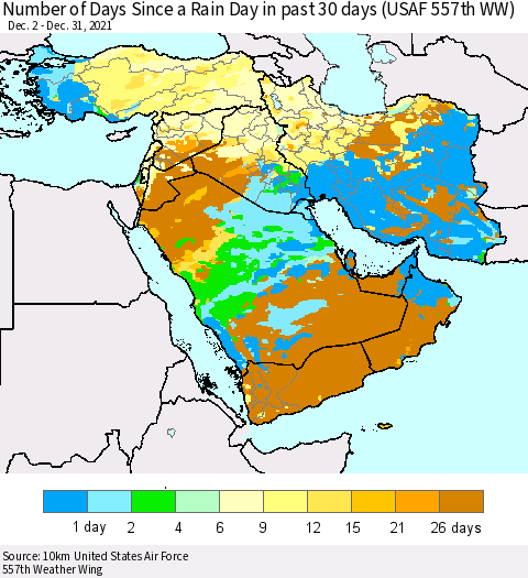 Middle East and Turkey Number of Days Since a Rain Day in past 30 days (USAF 557th WW) Thematic Map For 12/26/2021 - 12/31/2021