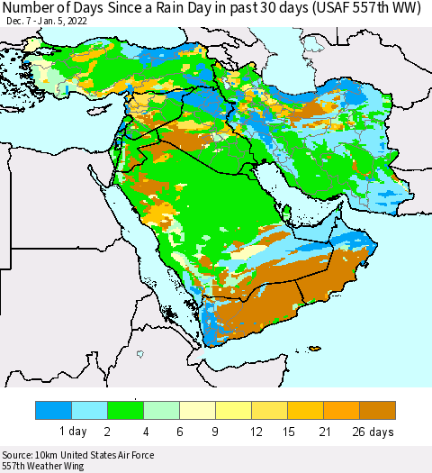 Middle East and Turkey Number of Days Since a Rain Day in past 30 days (USAF 557th WW) Thematic Map For 1/1/2022 - 1/5/2022