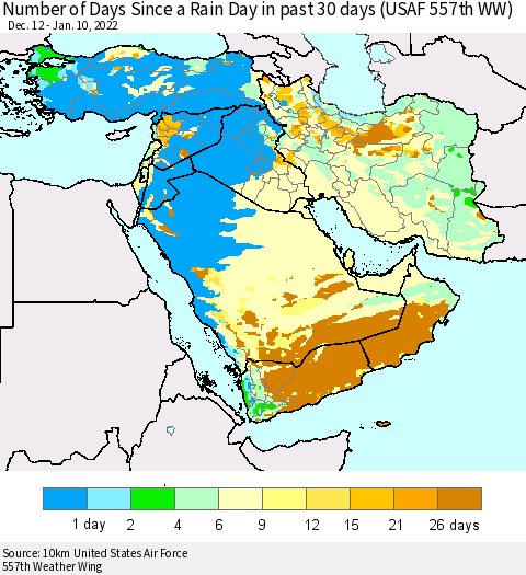 Middle East and Turkey Number of Days Since a Rain Day in past 30 days (USAF 557th WW) Thematic Map For 1/6/2022 - 1/10/2022