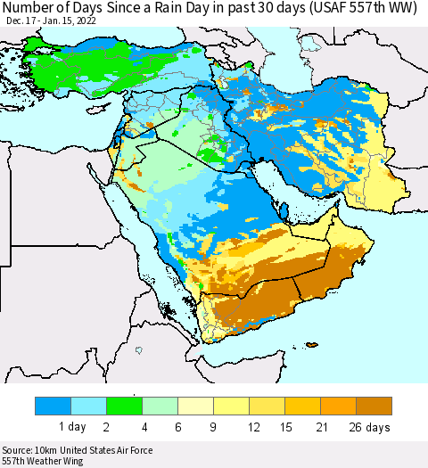 Middle East and Turkey Number of Days Since a Rain Day in past 30 days (USAF 557th WW) Thematic Map For 1/11/2022 - 1/15/2022