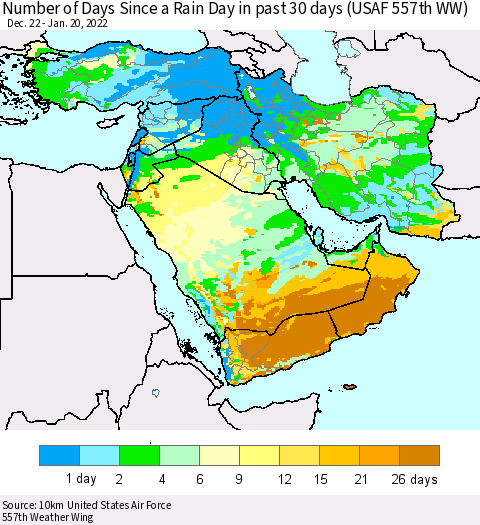 Middle East and Turkey Number of Days Since a Rain Day in past 30 days (USAF 557th WW) Thematic Map For 1/16/2022 - 1/20/2022