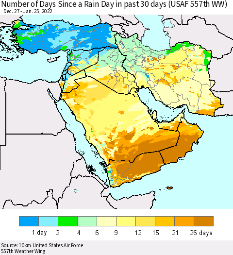 Middle East and Turkey Number of Days Since a Rain Day in past 30 days (USAF 557th WW) Thematic Map For 1/21/2022 - 1/25/2022