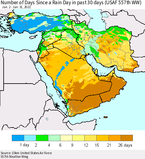 Middle East and Turkey Number of Days Since a Rain Day in past 30 days (USAF 557th WW) Thematic Map For 1/26/2022 - 1/31/2022