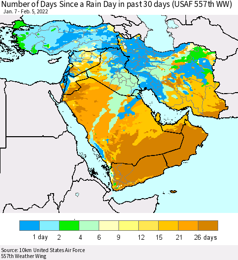Middle East and Turkey Number of Days Since a Rain Day in past 30 days (USAF 557th WW) Thematic Map For 2/1/2022 - 2/5/2022