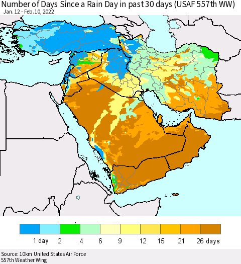 Middle East and Turkey Number of Days Since a Rain Day in past 30 days (USAF 557th WW) Thematic Map For 2/6/2022 - 2/10/2022